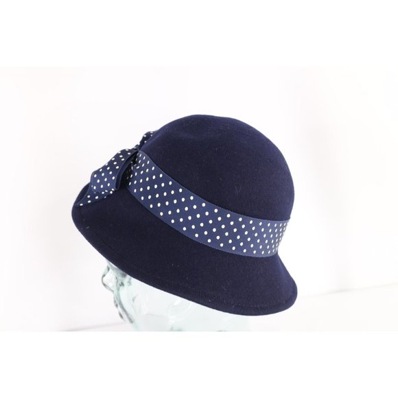 Vintage 30s 40s Felt Wool Polka Dot Bowtie Bucket Hat Cap Navy Blue USA Womens main image 5